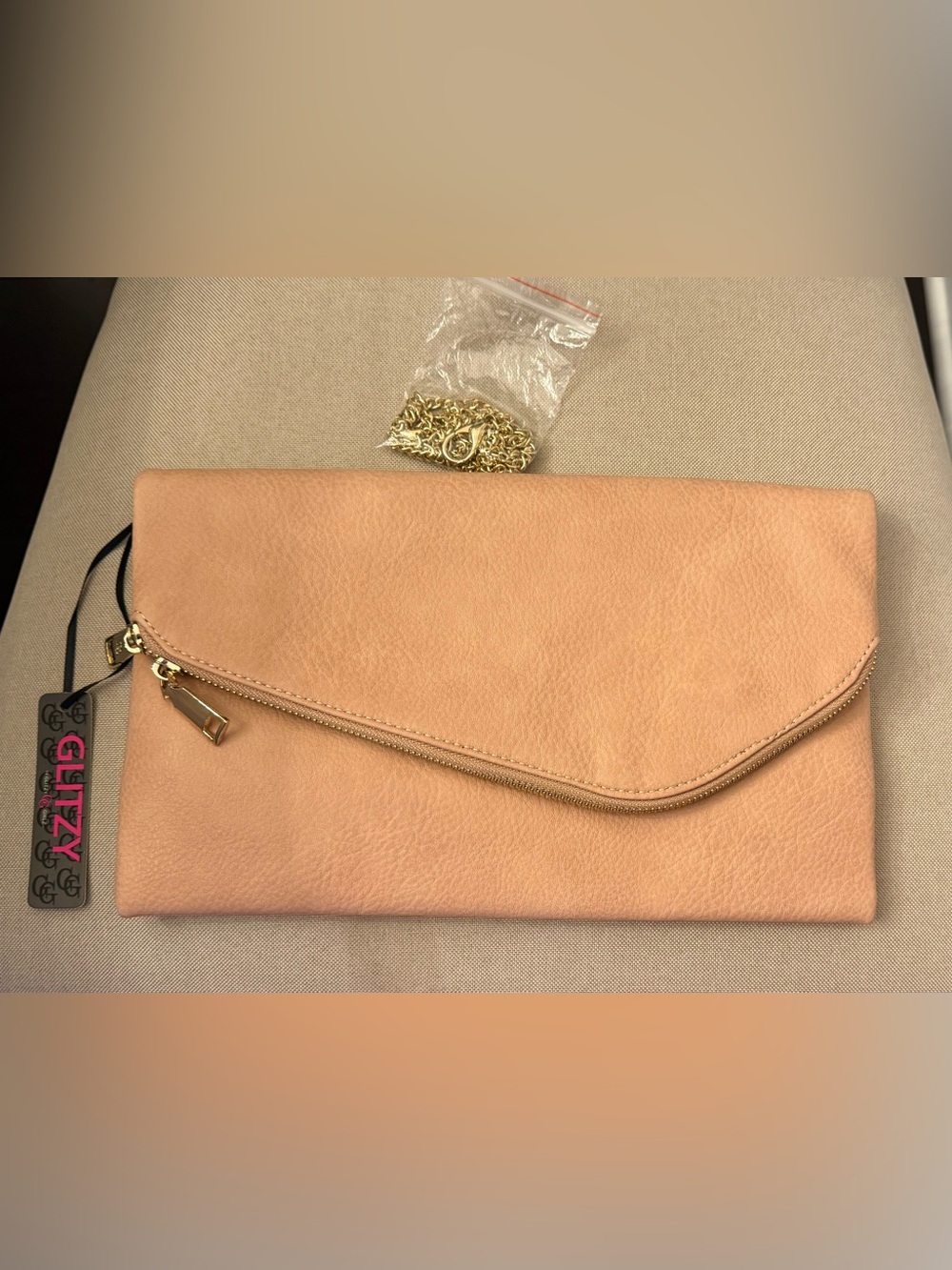 Light Pink Fold-Over Clutch with Gold Chain